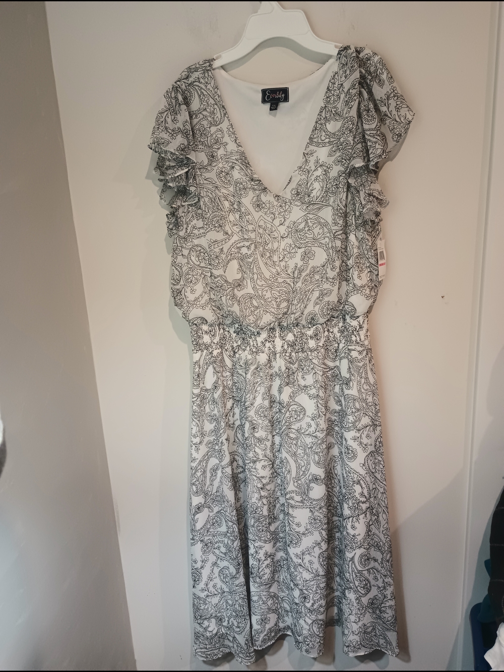 Everlily Paisley Chiffon Midi Dress XXL Ivory Black Flutter Sleeve New With Tags